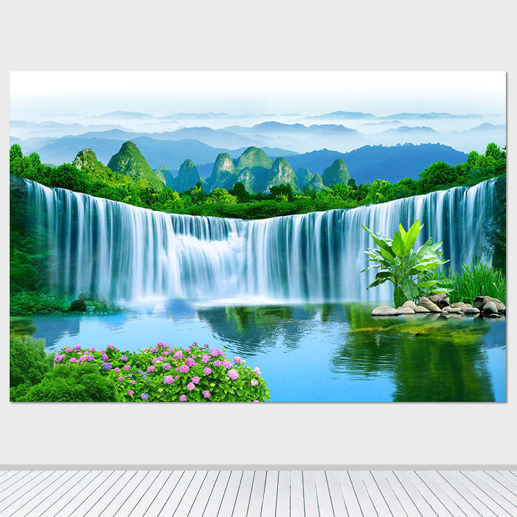 大瀑布山水风景画流水生财青山绿水客厅办公装饰墙壁贴画自粘