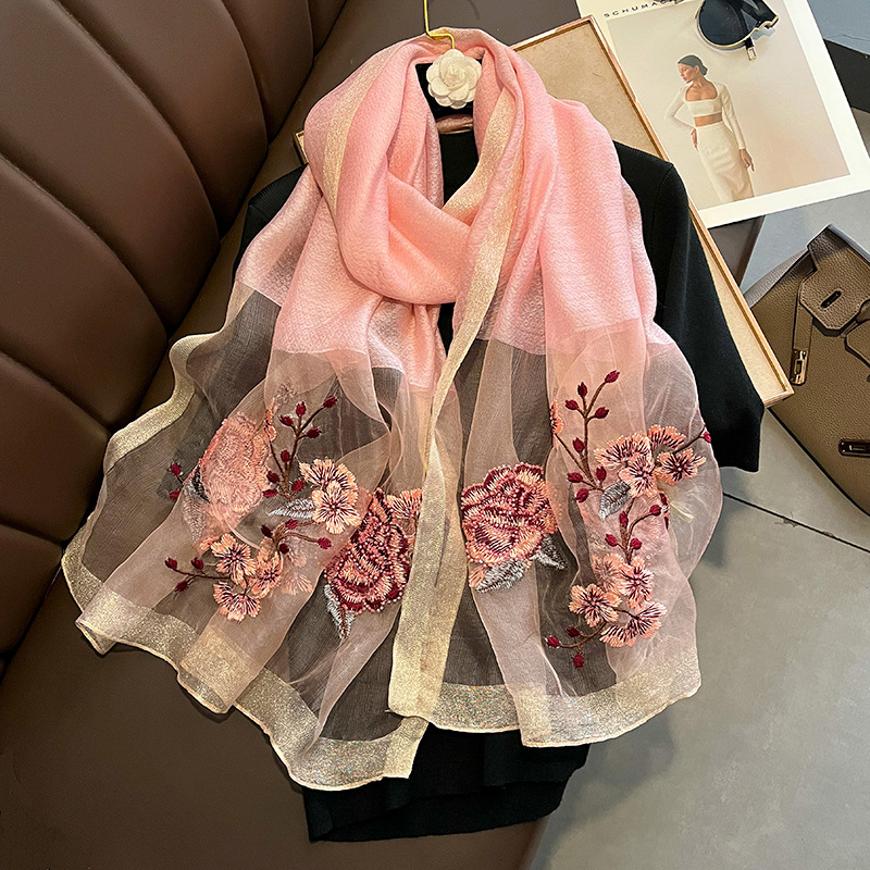 Chinese Style New Flower Silk Wool Scarf Women's Embroidered Silk Scarf Warm Shawl Long Scarf to Give Mom