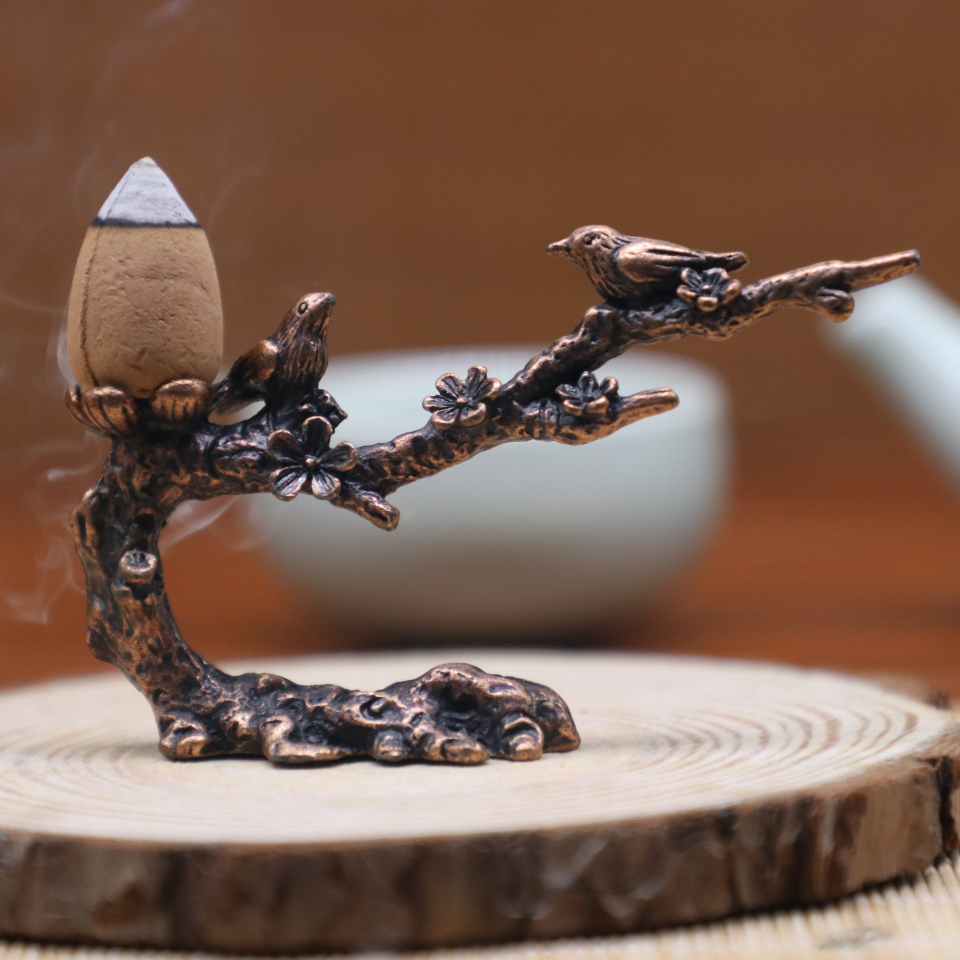 倒流香炉 合金仿古香架香托 倒流香插 喜鹊梅花小鸟茶宠镇纸摆件