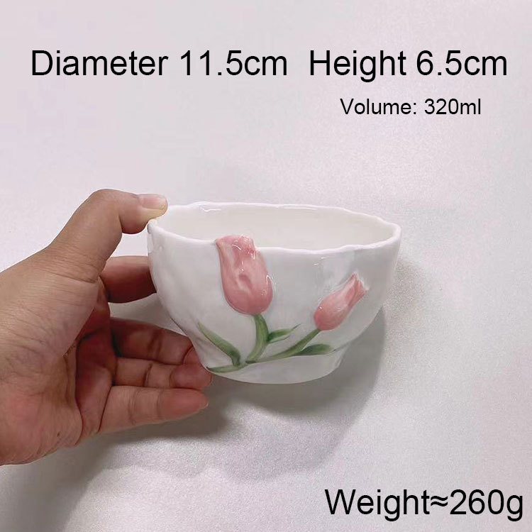 Tulip Ceramic Bowl Dish Household Tableware Korean Three-Dimensional Relief Cup Girl Milk Coffee Cup Cake Dessert Plate