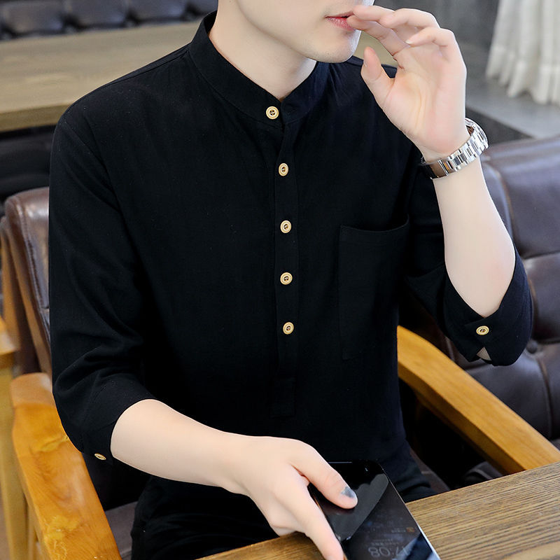 青春潮流七分袖全棉衬衫男男士高档t恤口袋翻领上衣7分男士棉/棉