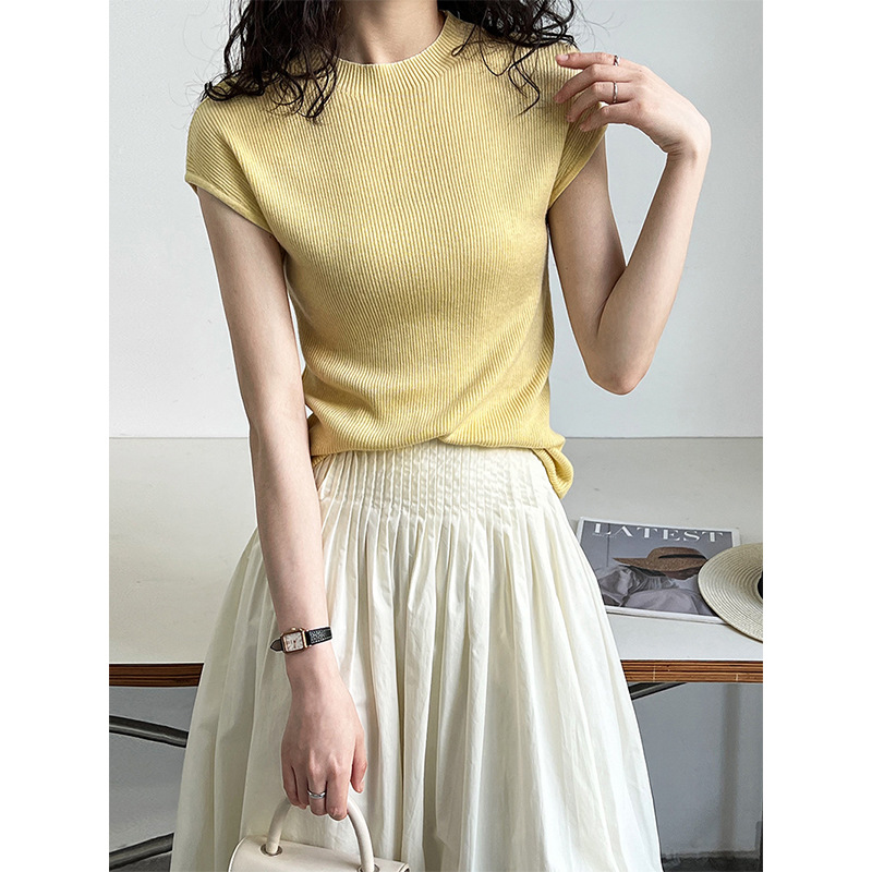 小领口蝙蝠袖针织衫女无袖钩织短袖上衣修身2024夏季新款丝光羊毛