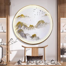 灯光风景画金山圆形刺绣装饰画客厅入户玄关刺绣挂画新中式山水