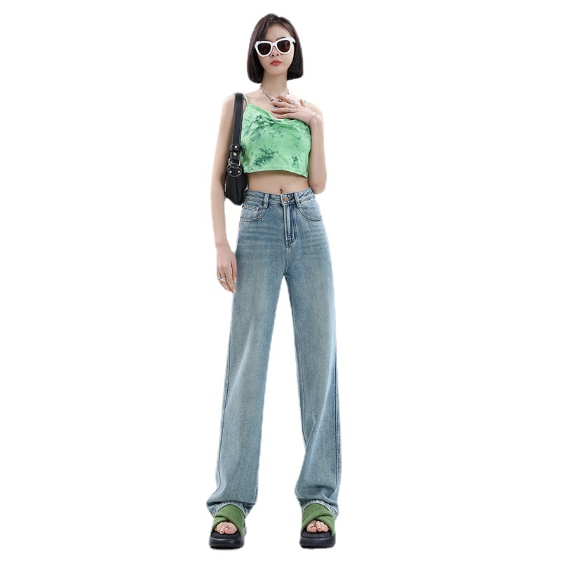 High Waist Jeans for Women 2023 Summer Thin Retro Loose Slimming Narrow Version Straight Wide Leg Mop Trousers Wholesale