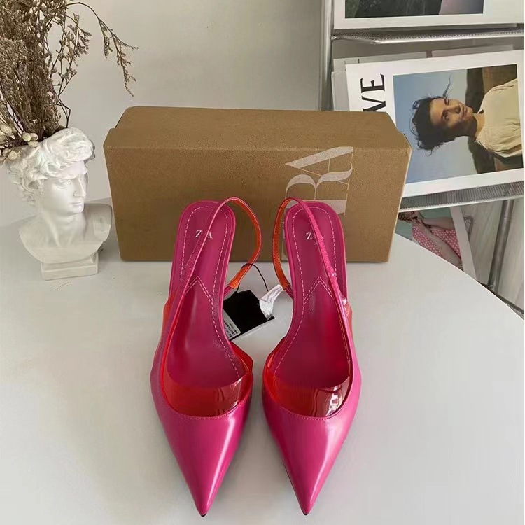 za dtm玫红色拼接高跟鞋细跟2024年新款韩系尖头浅口休闲时装凉鞋