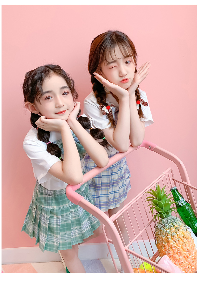儿童学生夏装aj套装女童学院风格子裙裤两件套女孩闺蜜制服表演服