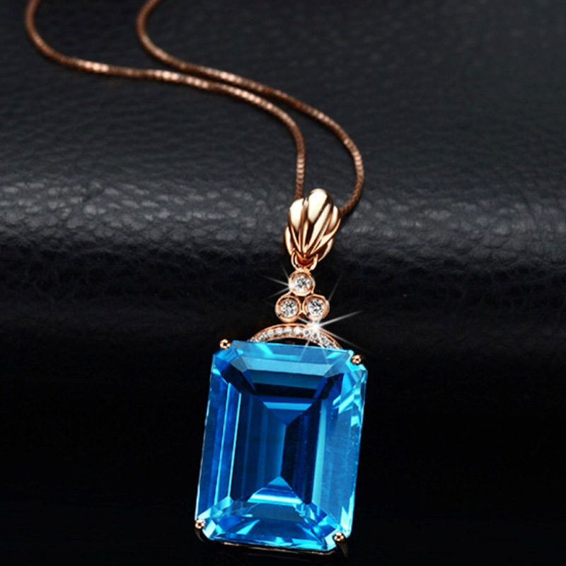 新款奢华长方形大裸石瑞士蓝托帕石吊坠锁骨链 巴西彩宝吊坠