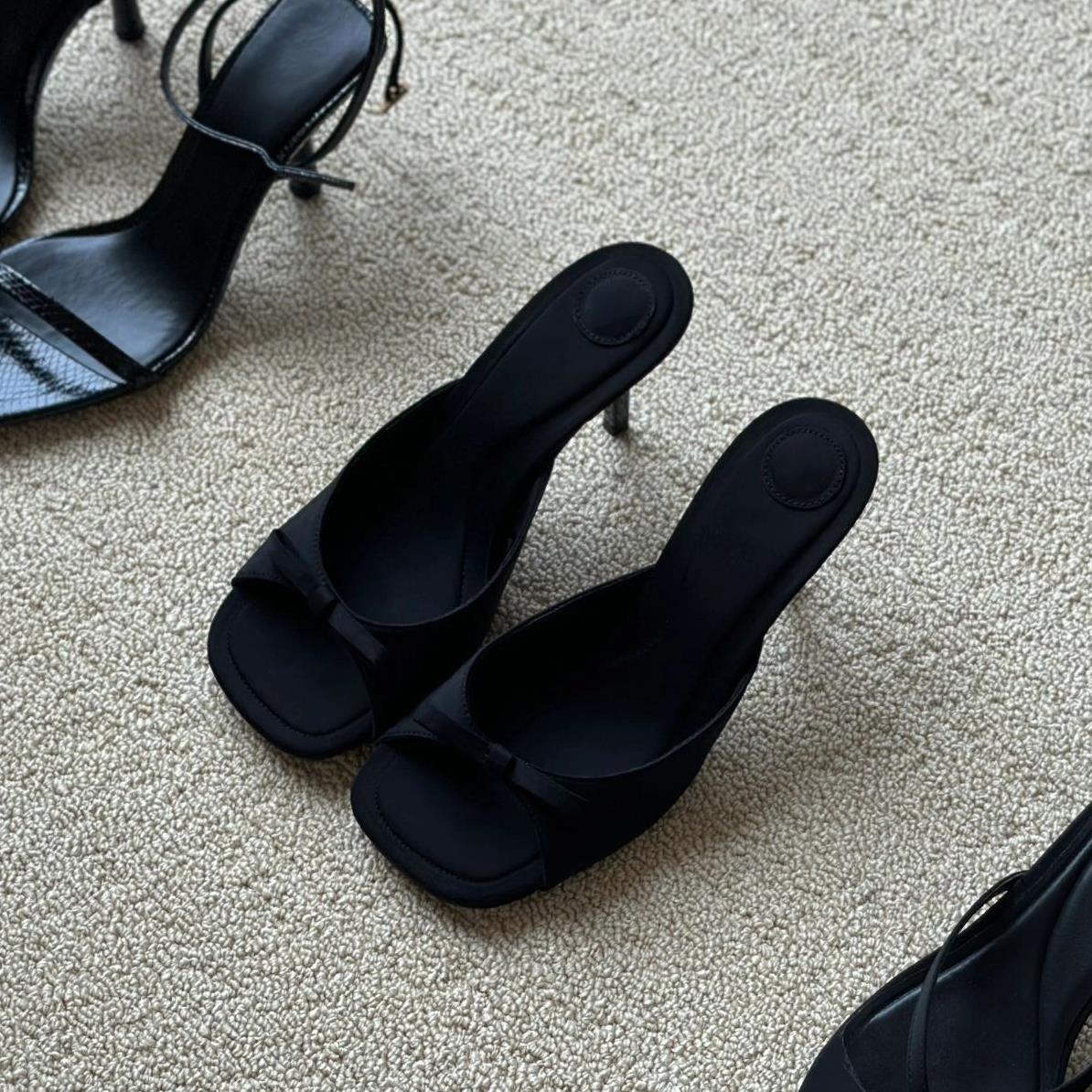 t羊皮版~小众外穿真皮蝴蝶结高跟拖鞋女法式小凉拖穆勒半拖鞋凉鞋