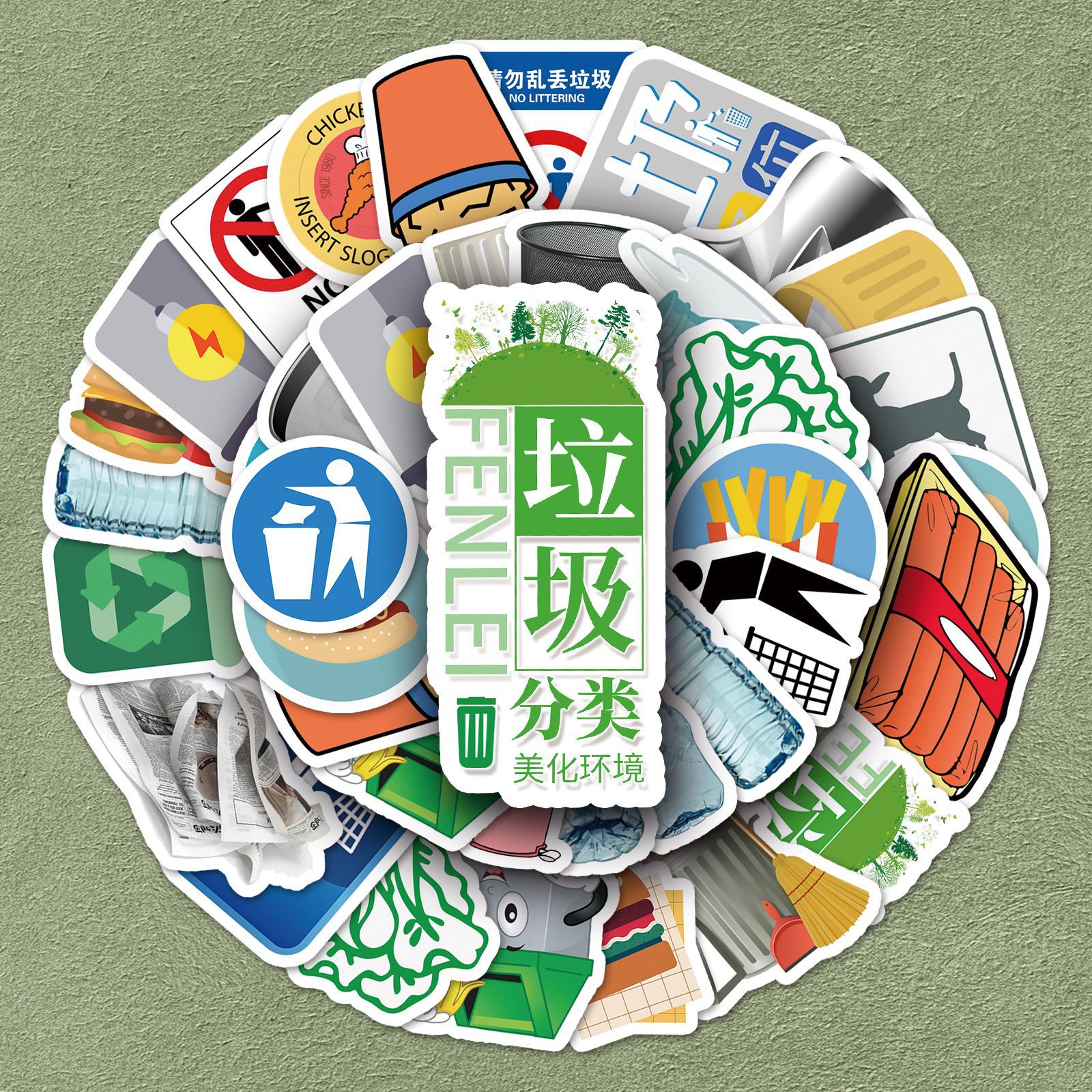 54张标志标识垃圾分类卡通涂鸦贴纸保护环境行李箱水杯防水装饰