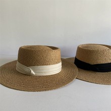平顶小礼帽草帽沙滩帽女夏天海边遮阳帽大檐帽草编帽复古法式帽子