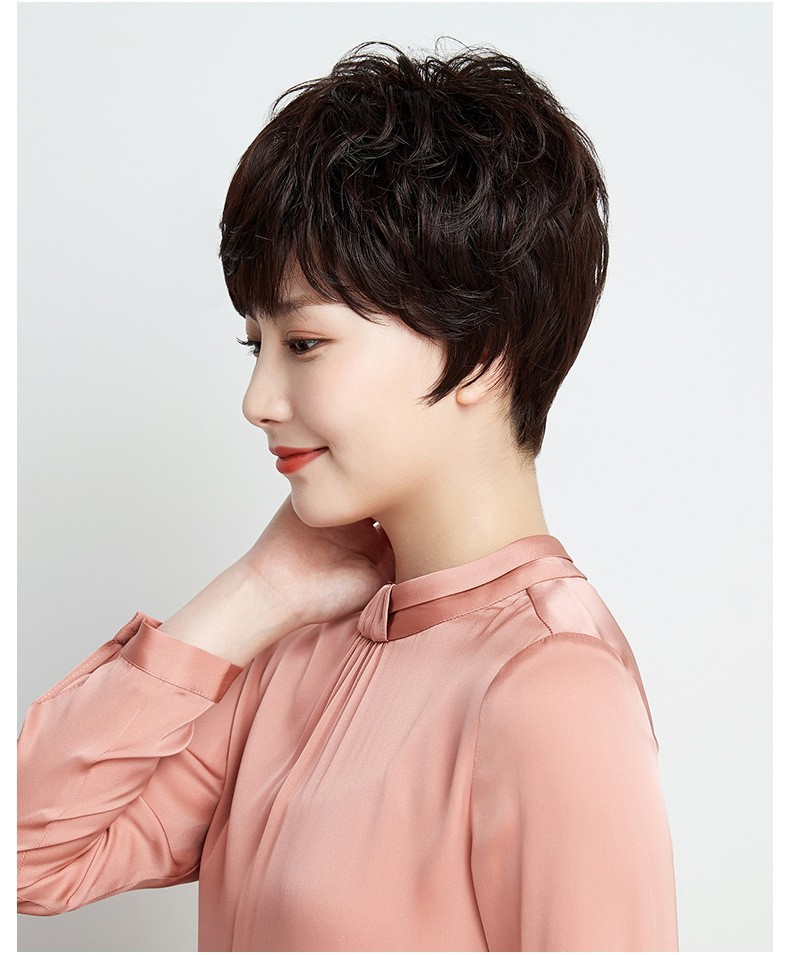 假发女半手织优质真人发手工烫短纹理发型中年假发手织网全头套