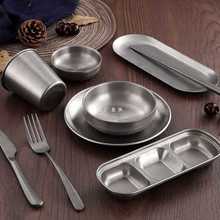 复古风不锈钢碗碟摆台套装户外饭碗筷勺调味碟盘水杯创意做旧餐具