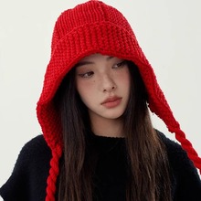 甜美可爱小红帽女秋冬季针织毛线系带护耳帽韩版保暖百搭红色帽子
