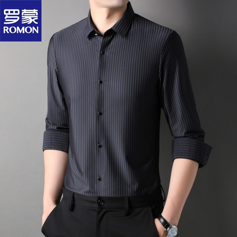 罗蒙春男款衬衫冰丝薄中年男士爸爸装纯色无痕条纹衬衣长袖衬衫