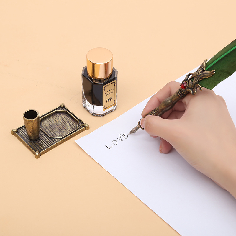 复古羽毛钢笔创意蘸水笔情人节礼品笔插墨水雕花羽毛笔套装批发