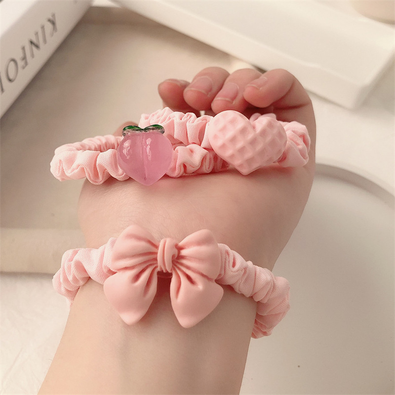 Pink Girl Cute Peach Small Intestine Hair Ring Hair Rope High Elasticity Love Heart Bow Tie Rubber Band Headband Hair Accessories