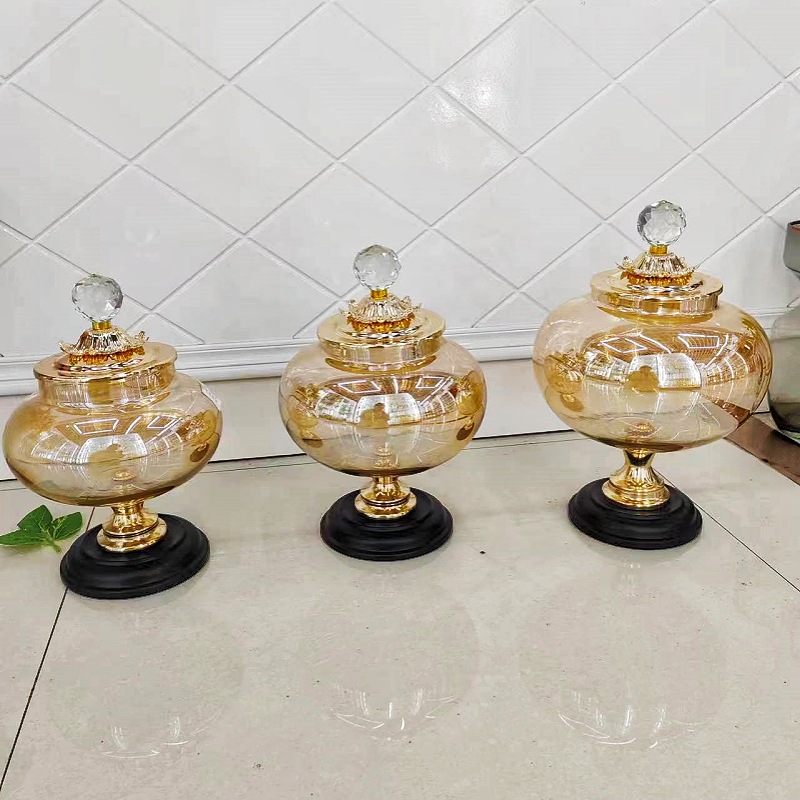 Factory Direct Sales Glass Golden Sugar Pot Ornaments Gathering European Style Living Room Coffee Table Creative Fruit Plate Storage Jar Decoration