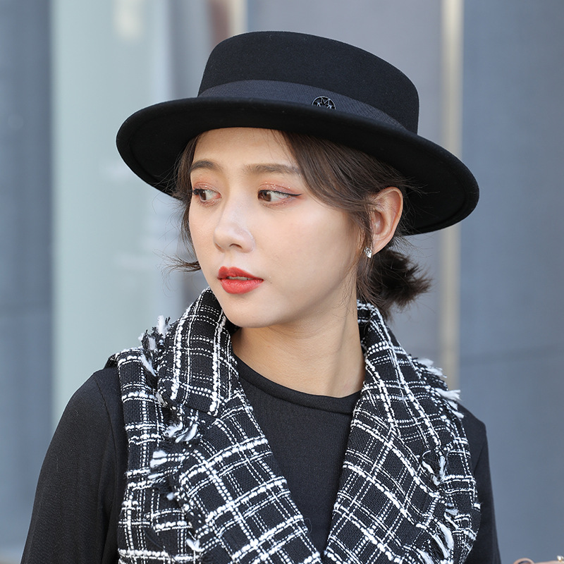 黑色小沿羊毛平顶礼帽女秋冬英伦复古毛呢帽子平顶爵士帽
