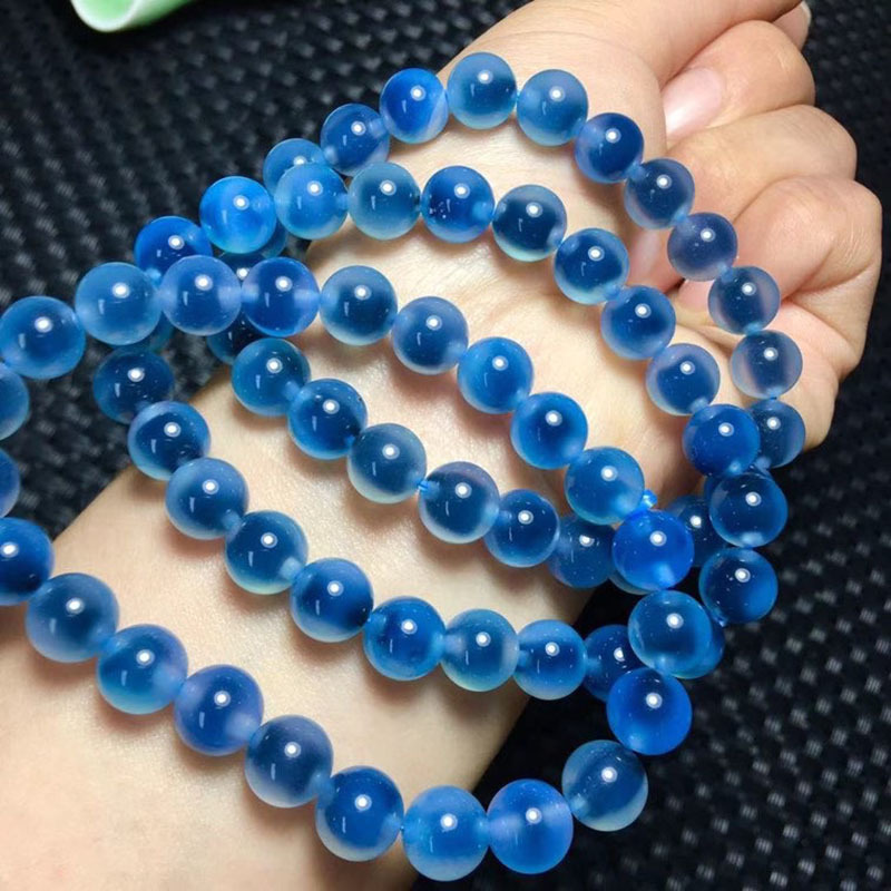 天然蓝糖心玛瑙圆珠手链 女款水晶手串礼物 蓝色蓝沁冰透水润