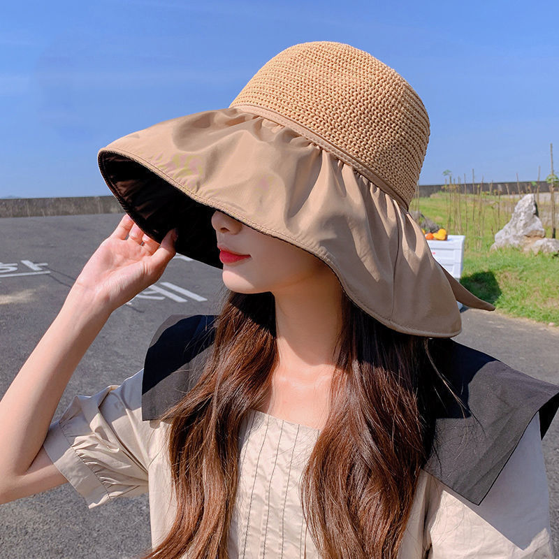 Summer Vinyl Sun Hat Female Hollow Bow UV Protection Big Brim Face-Covering Sun Protection Hat Sun Hat Bucket Hat