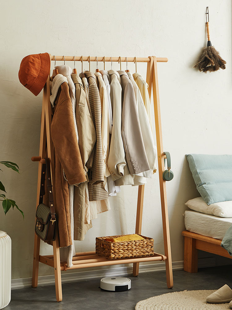 简约实木衣帽架榉木落地室内家用卧室置物挂包架现代折叠衣服架子