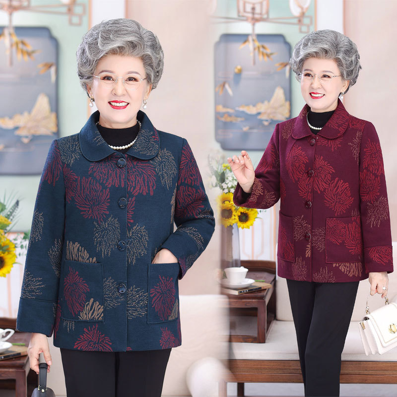 奶奶春秋长袖外套中老年人女装翻领上衣妈妈开衫60岁老太太衣服70