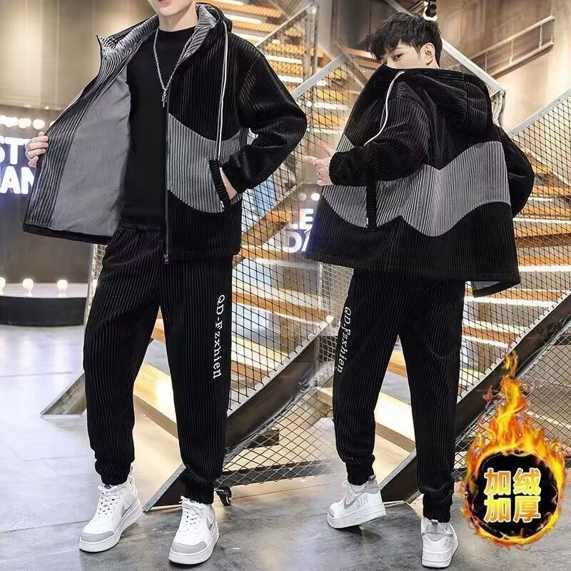 加绒加厚运动休闲套装男冬季2023新款灯芯绒夹克外套连帽潮流男装