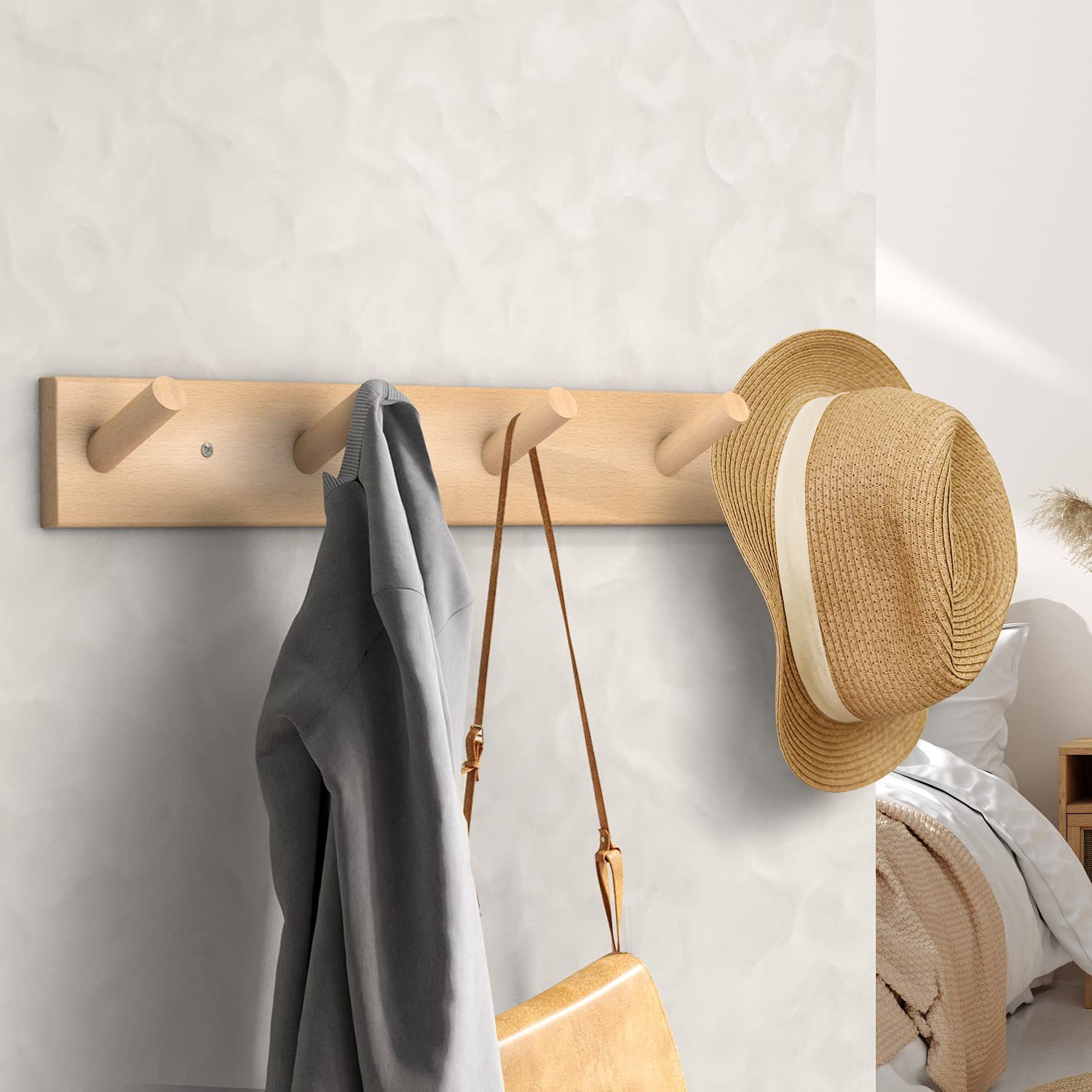 Simple Wooden Wall-Mounted Coat Rack Solid Wood Wall Shelf Wall Hanger Hallway Hanger Bag Hanging Rack