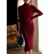 新年战袍红色半高领毛衣裙春季新款气质修身显瘦中长款针织连衣裙