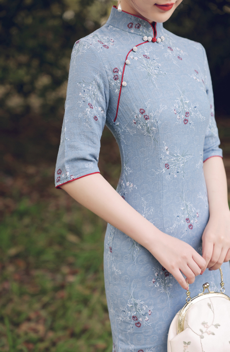 西荷 旗袍2022年春夏新款中袖棉麻旗袍中长款修身显瘦复古连衣裙