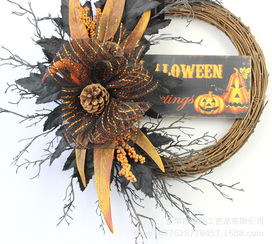 DSEN Cross-Border E-Commerce Amazon Halloween Simulation Black Maple Leaf Voile Branches Wooden Board Vine Ring Garland