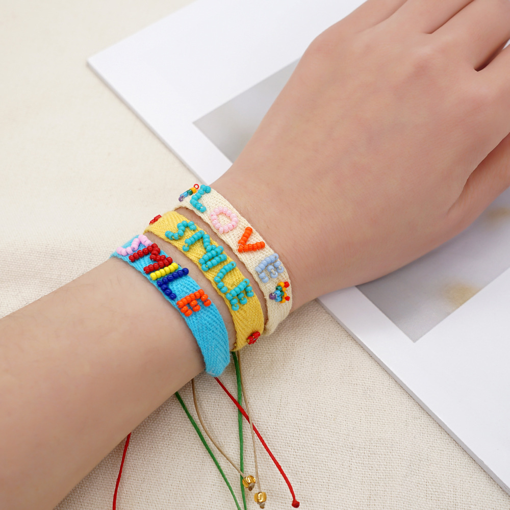 手工编织米珠手链英文字母可调节串珠不掉色波西米亚风欧美饰品