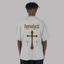 350G小领潮牌玩味设计十字架字母印花T恤男美式街头纯棉短袖上衣