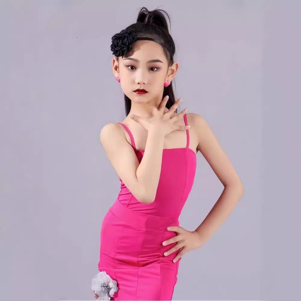 女童新款拉丁舞表演服吊带分体短袖套装儿童桃粉色高级版a锦纶