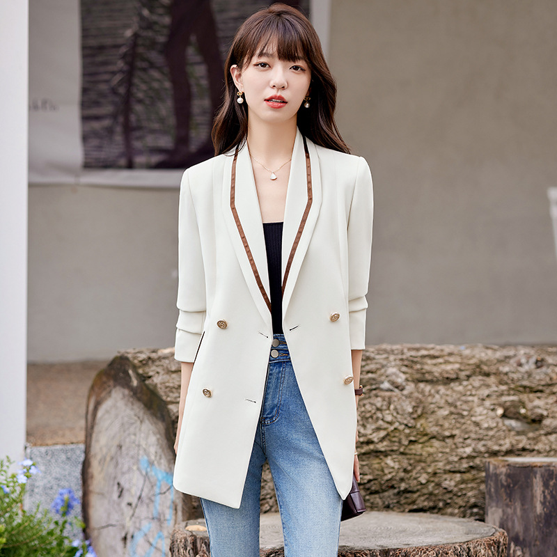 小西装外套女长袖英伦风洋气百搭西服女士上衣休闲加长装饰条撞色