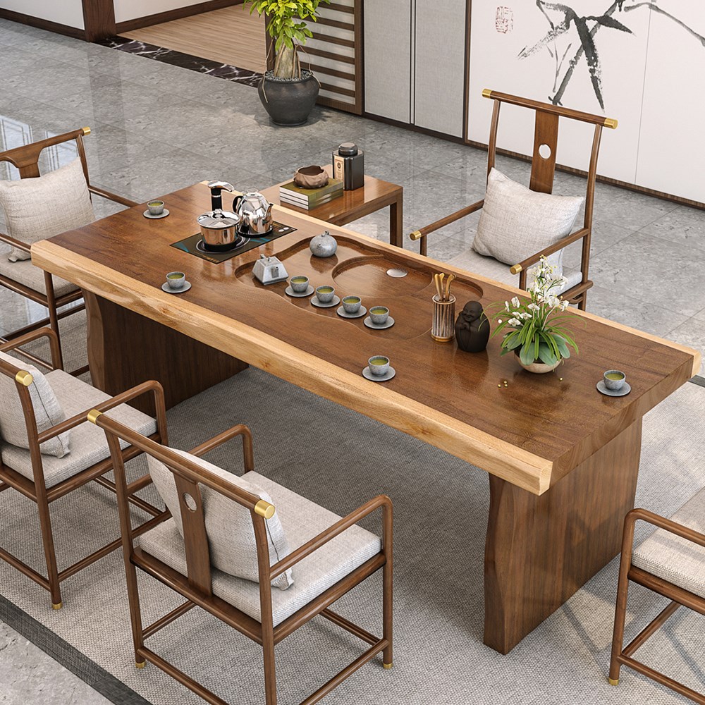 大板实木茶桌新中式酒店办公室接待茶台3米8大茶几禅意茶桌椅组合