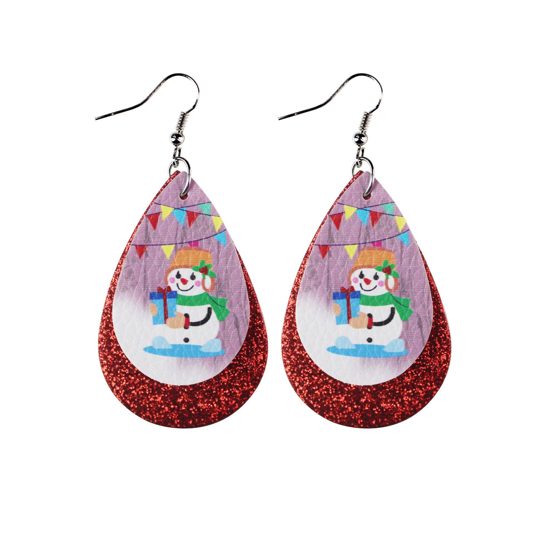 Christmas Double-Layer Leather Earrings Snowman Christmas Tree Gift Water Drop Pu Earrings Female Accessories Accessories