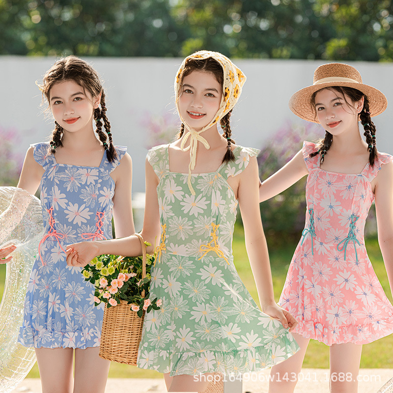 Children's Swimsuit Girls' Little Daisy Printed Middle and Big Children Girls' Dress New Hot Spring Swimsuit for Students