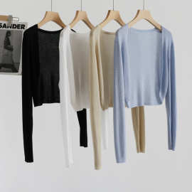 夏款天丝小外搭薄款开衫长袖针织衫短款纯色外套