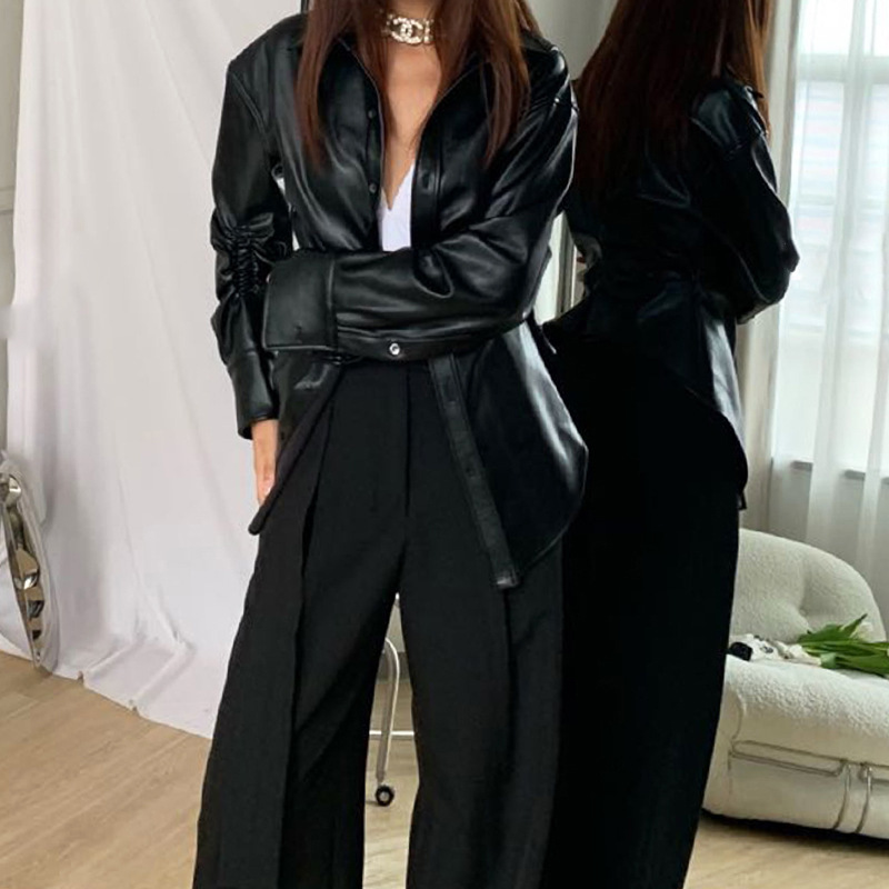 女杀手黑色修身收腰皮衣外套女早秋2021年新款针织修身设计感新款