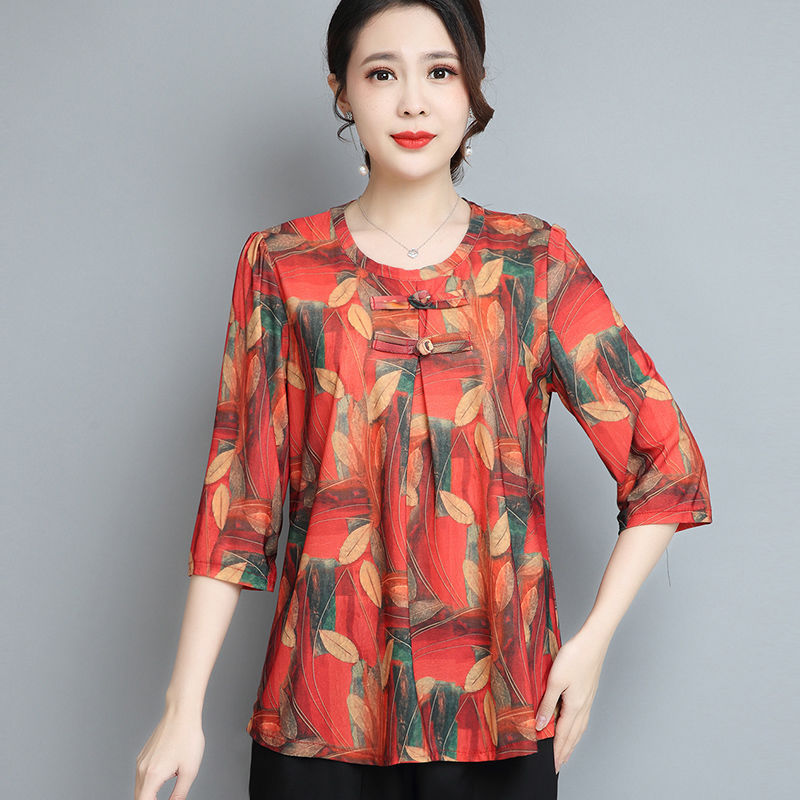 Middle-Aged and Elderly Women's Dress Summer Clothes T-shirt Women's 2023 New Loose Large Size Top Women's Summer All-Matching Printed Small Shirt
