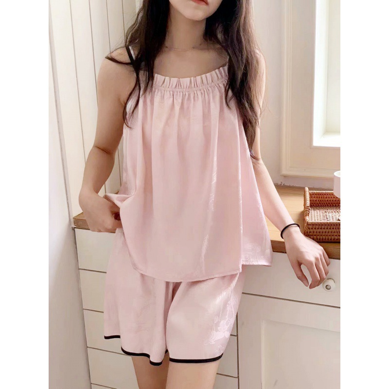 纯欲风绸缎抹胸吊带睡衣短裤套装女舒适甜美少女家居服-阿里巴巴