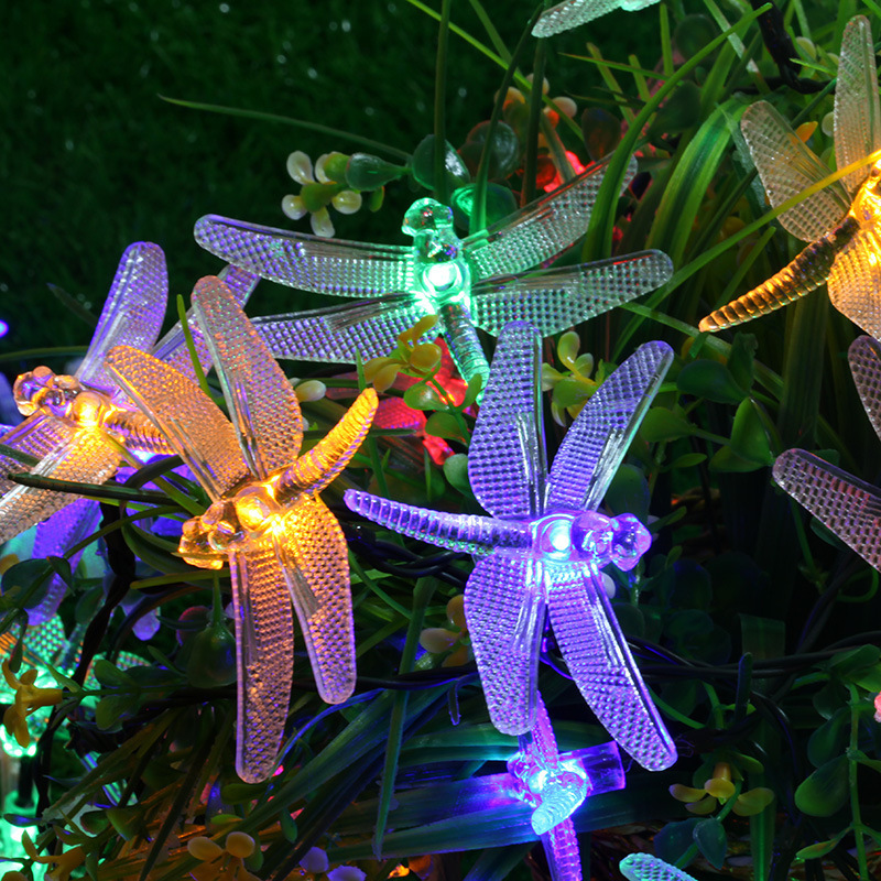 cross-border new arrival outdoor led solar dragonfly lighting chain outdoor courtyard park holiday decoration christmas small colored lights