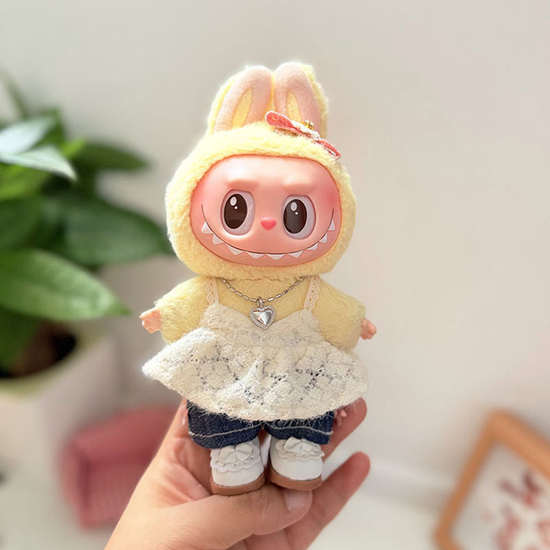 一二三代拉布布通穿娃衣暖杏蝴蝶结牛仔套装钥匙扣Labubu着替甜美