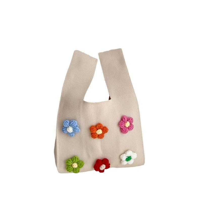 Christmas Hat All-Match Knit Handbag Handmade Colorful Flower Knitted Handbags Women's Tote Bag New Year Bag