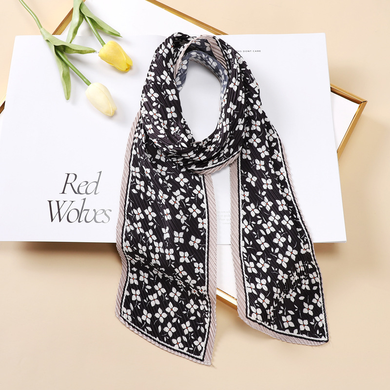 Spring 2022 Korean Style Crepe Ribbon Artificial Silk Scarf Floral Small Bevel Scarf Female Hair Band Arm Bag Scarf