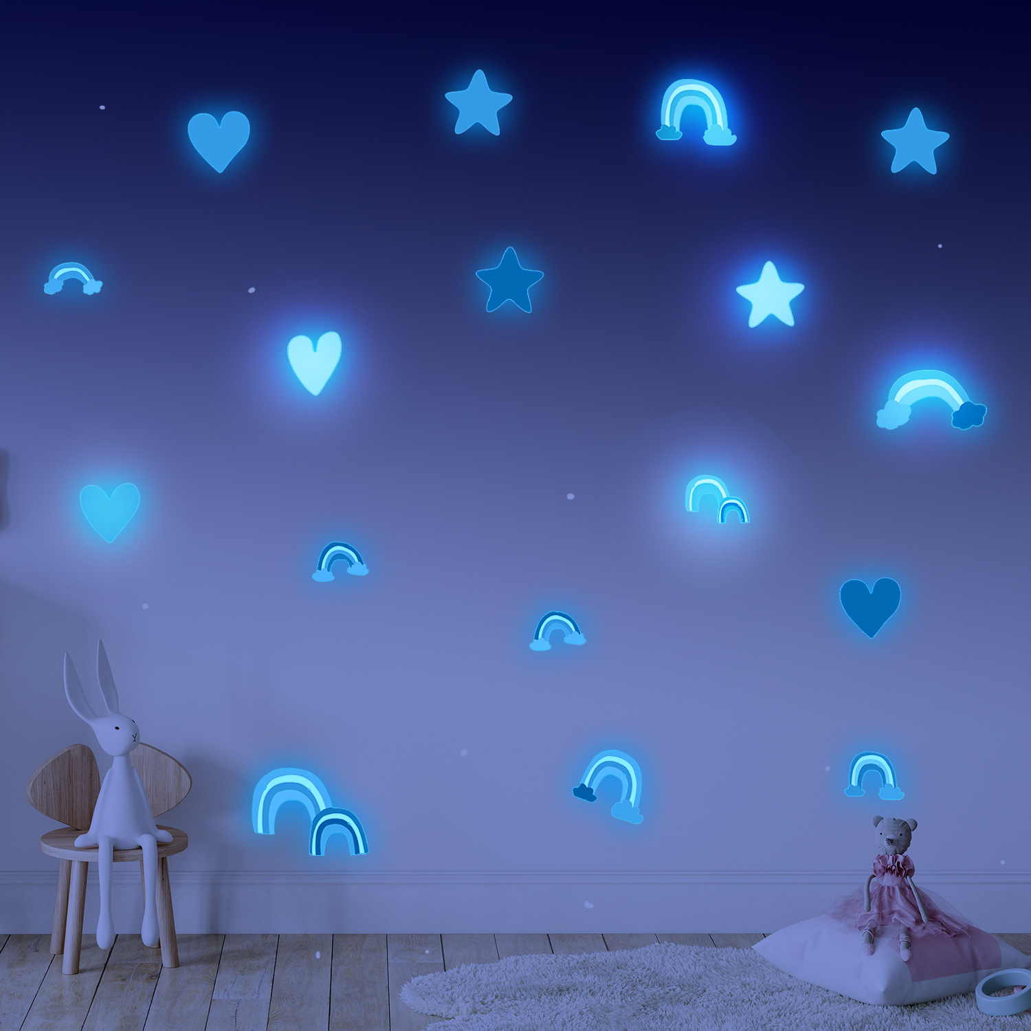 funlife新款夜光彩虹星星爱心配件套装儿童房装饰发光墙贴 gn016
