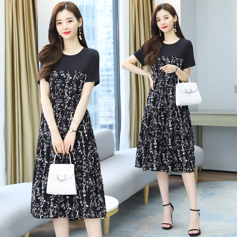 连衣裙女夏装新款赫本风中长款拼接碎花裙气质高腰显瘦长裙夏