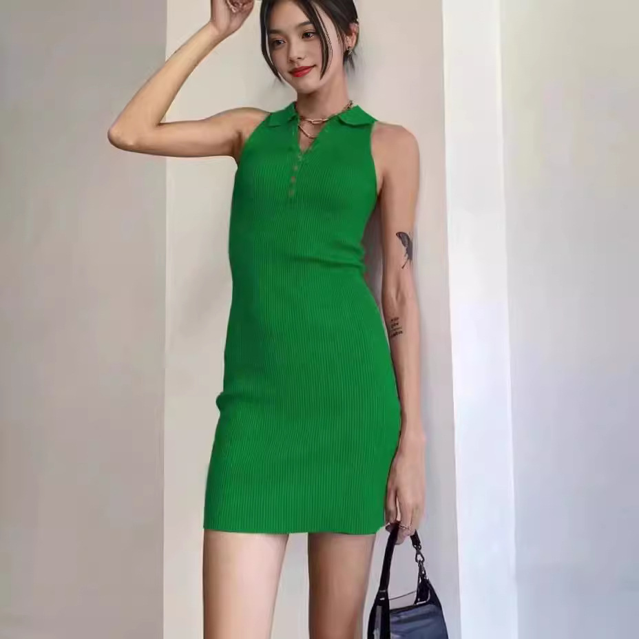 2024欧美简约风polo领无袖针织衫连衣裙女夏季新款背心纽扣连衣裙