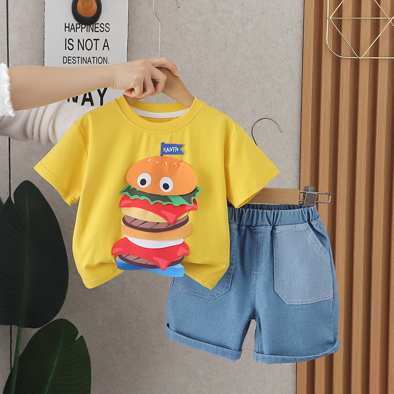 2024 New Summer Boys' Three-Dimensional Hamburger Kids Clothes Two-Piece Suit Children's Suit Infant Summer Fashion Hair Generation